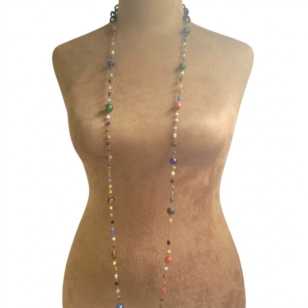 Vintage Style Multi Color Glass Bead Tin Cup Long Layering Necklace 46 Inch